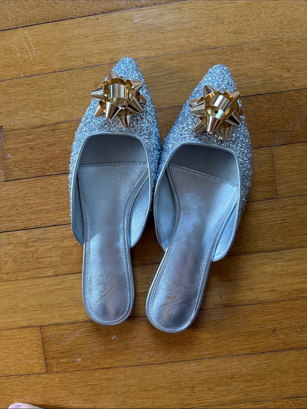 ANTONIO MELANI x Natalie Steel Silver Glitter Pointed Toe Mules with Gold Bow